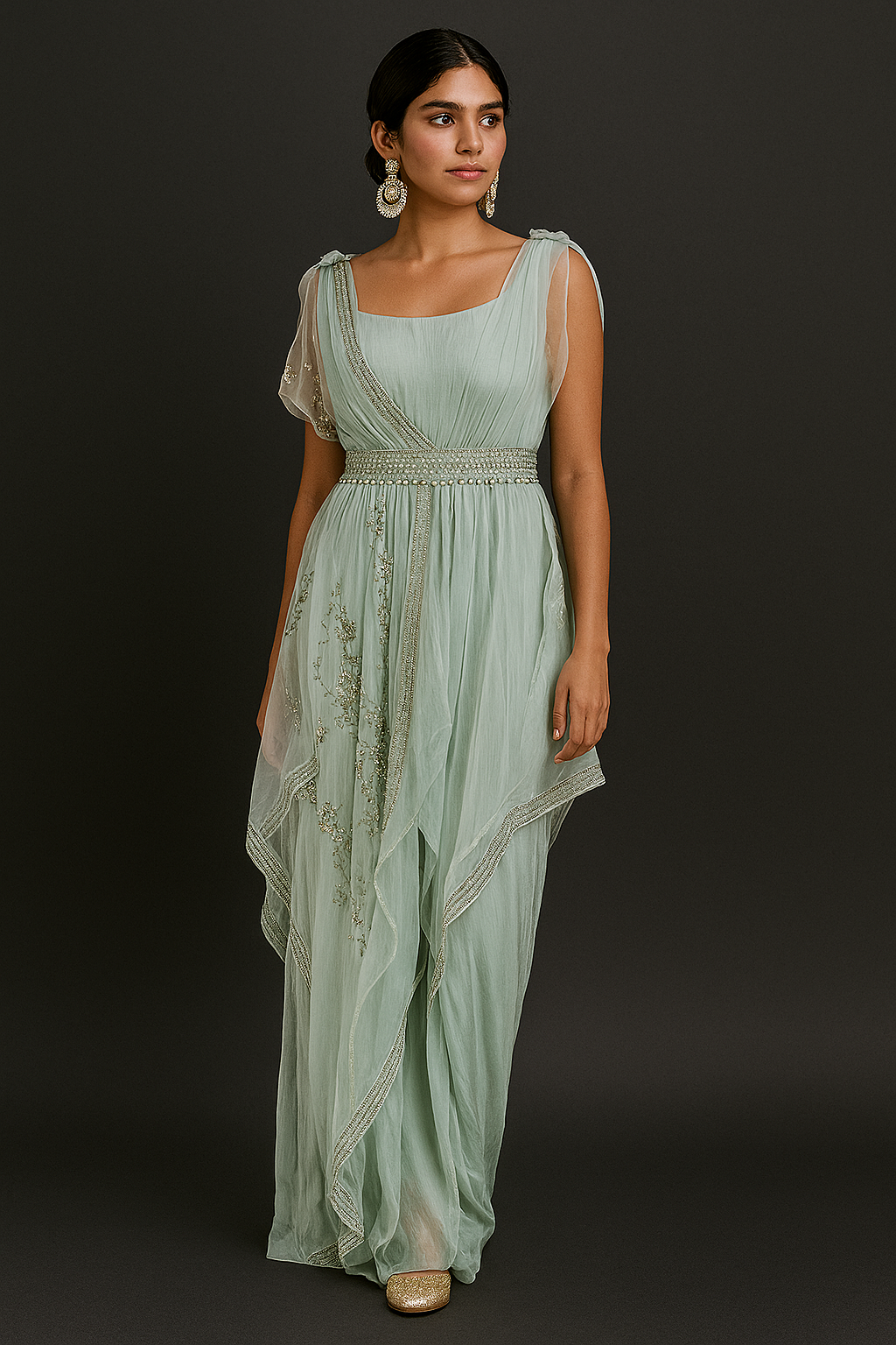 Pastel Draped Anarkali with Embellished Belt